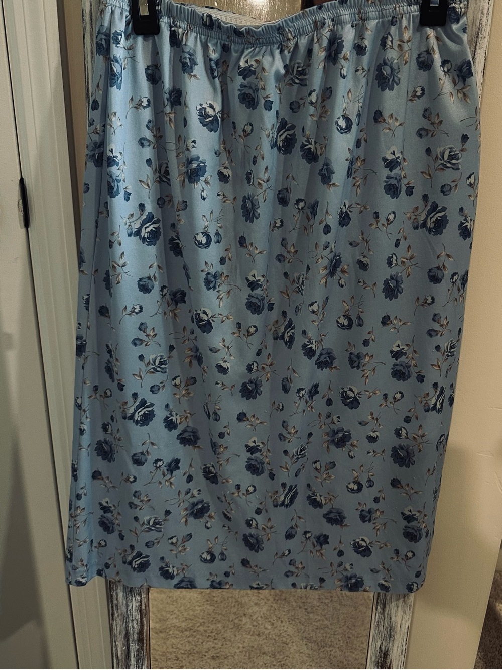 Vintage Light Blue Floral Elastic-Waist Midi Skirt